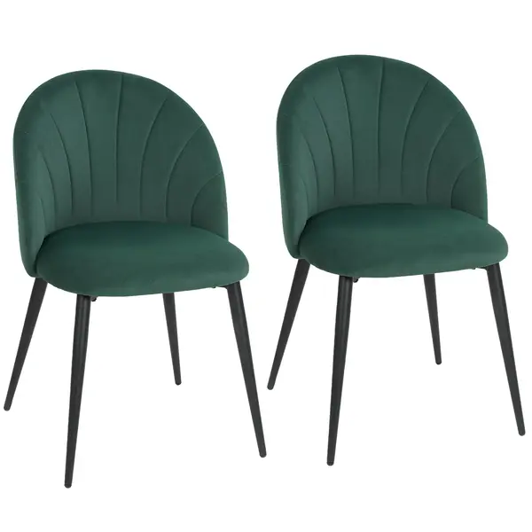 HOMCOM Set de 2 Scaune de Sufragerie din Catifea, Scaune Bucătărie cu Spătar Curbat în Formă de Scoică, Picioare din Metal, Stil Nordic, Scaun Tapițat pentru Bucătărie, Dormitor, Cameră de Zi, Verde Închis | Aosom Romania