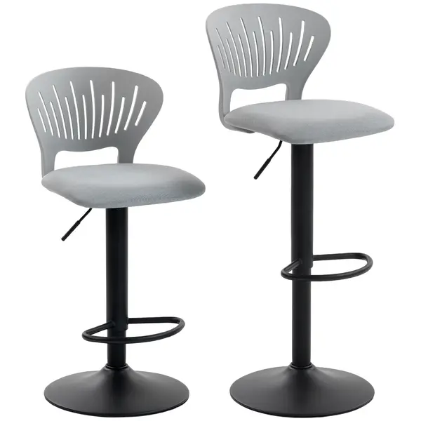 HOMCOM Set de 2 taburete de bar rotative 360°, reglabile 84-105 cm, spătar decupat, suport pentru picioare, gri | Aosom Romania