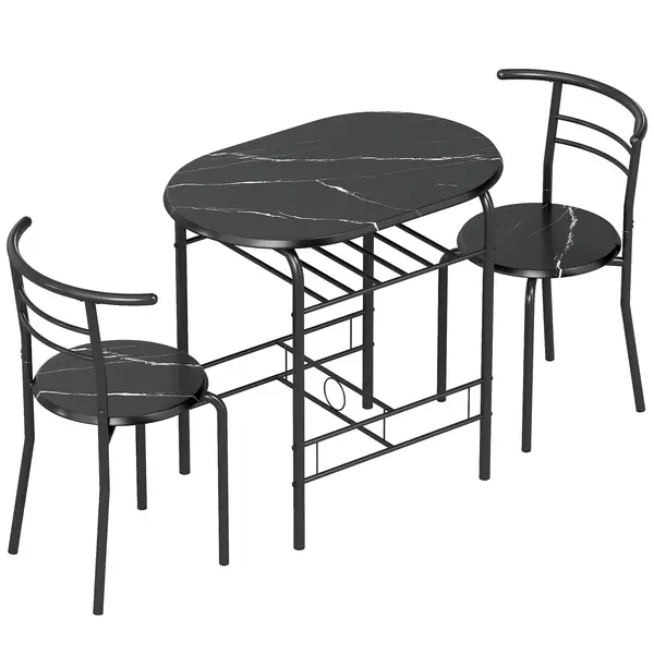HOMCOM Set de luat masa 3 piese, masă de bucătărie și scaune pentru 2 persoane cu raft, living, aspect marmorat negru | Aosom Romania