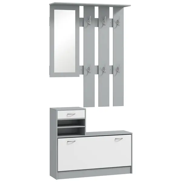 HOMCOM Set de Mobilier pentru Hol cu Raft pentru Pantofi, Oglindă și 2 rafturi Reglabile, 90x24x177 cm, Gri | Aosom Romania