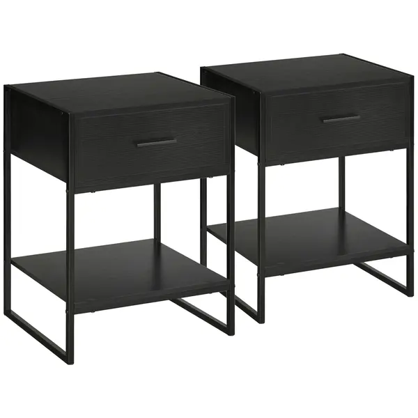 HOMCOM Set din 2 Noptiere Moderne, Noptieră cu Raft și Sertar, Organizatoare de Depozitare pentru Dormitor, Camera de Zi, 45x40x60 cm, Negru | Aosom Romania