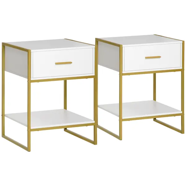 HOMCOM Set din 2 Noptiere Moderne, Noptiere cu Raft și Sertar, Organizatoare de Depozitare pentru Dormitor, 45x40x60 cm, Alb | Aosom Romania