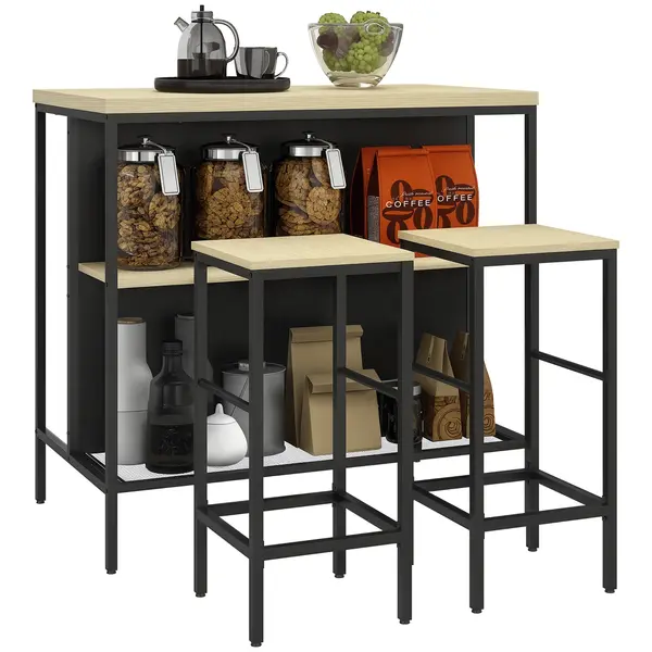 HOMCOM Set masă de bar și 2 taburete de stil industrial cu raft de depozitare, suporturi pentru picioare, metal negru și aspect lemn | Aosom Romania