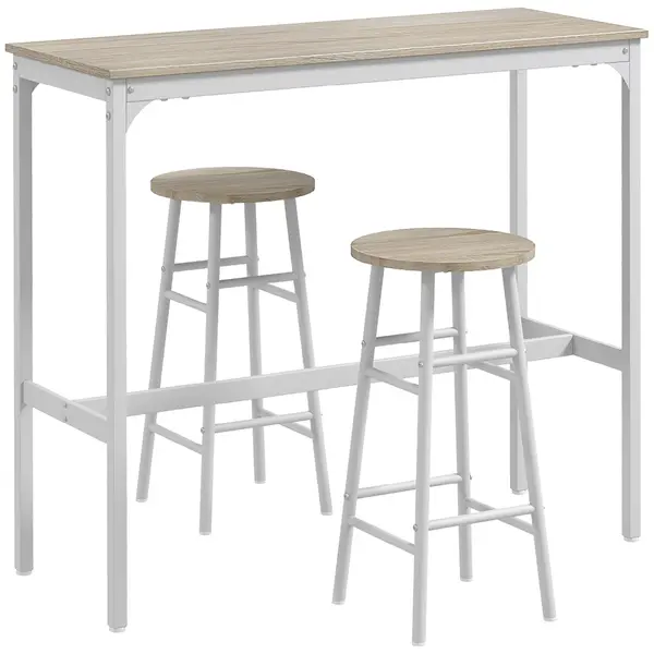 HOMCOM Set masă înaltă de bar + 2 scaune cu structură din oțel și blat cu aspect de lemn natural, pentru 2 persoane, alb | Aosom Romania