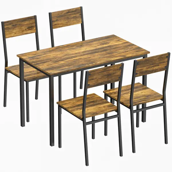 HOMCOM Set masă sufragerie cu 4 scaune, masă de bucătărie pentru 4 persoane, picioare din metal, maro rustic | Aosom Romania