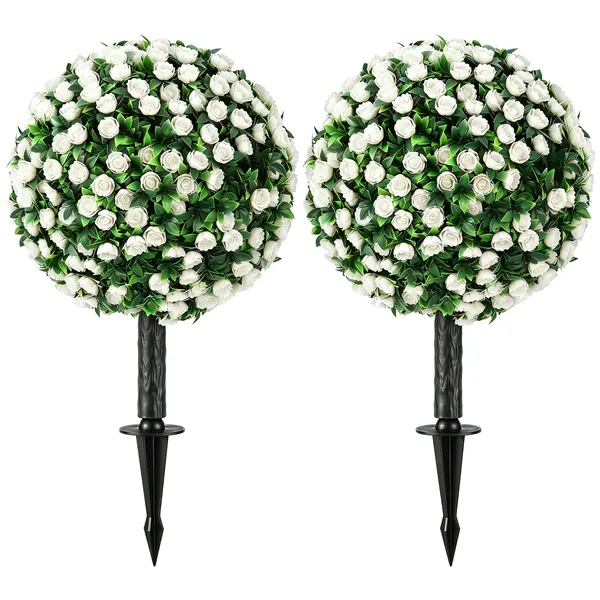HOMCOM Sfere de trandafiri artificiale rezistente la UV pentru exterior, set de 2 topiary-uri, 55 cm, Alb | Aosom Romania