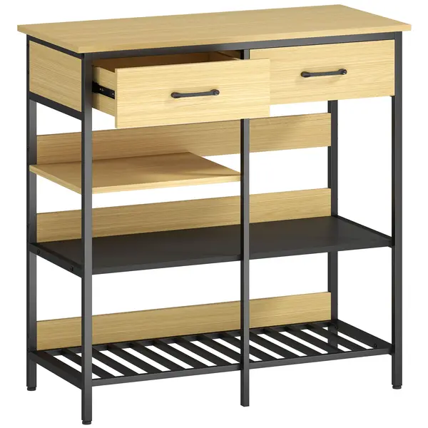 HOMCOM Sideboard, comodă cu 2 sertare, 3 rafturi deschise dulap de bucătărie pentru bucătărie, living 90 x 40 x 91 cm, lemn natural | Aosom Romania