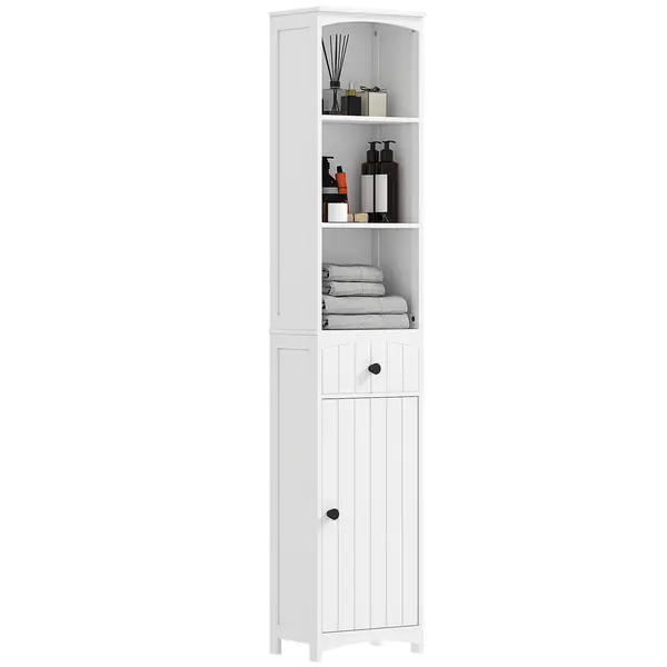 HOMCOM Şifonier de baie cu 3 rafturi, 1 sertar, solid, MDF, Alb | Aosom Romania