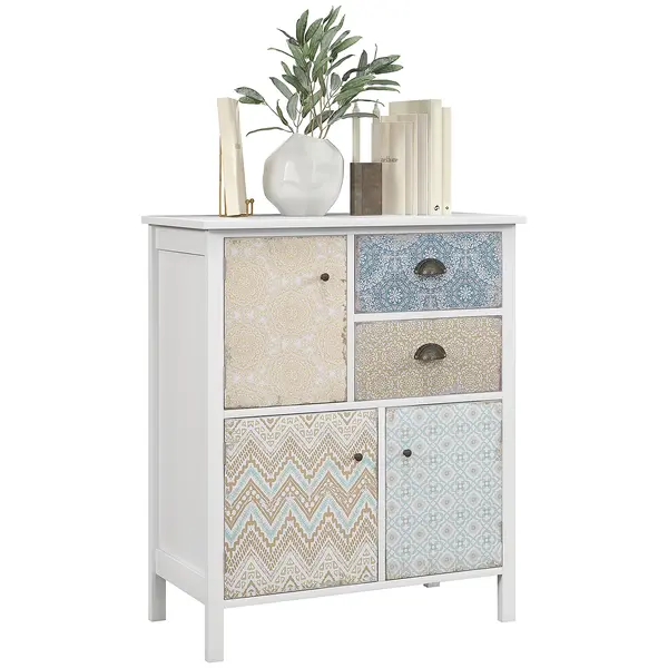 HOMCOM Șifonier, Rustic elegant, 2 sertare, 3 dulapuri, lemn de pin, 68x34x80cm, Alb | Aosom Romania