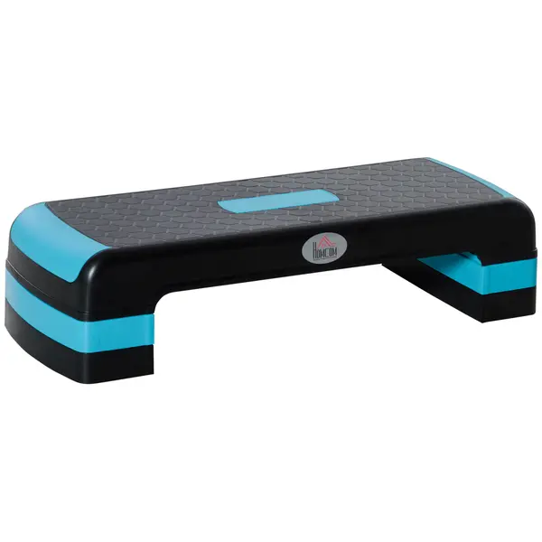 HOMCOM Step Fitness pentru Aerobic, Stepper Reglabil pe 3 Inaltimi 10-15-20cm din Plastic pentru Antrenament Acasa, Negru si Albastru