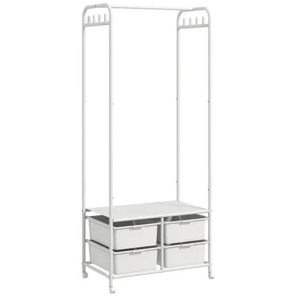 HOMCOM Suport Cuier cu Rafturi pentru Pantofi și 4 Coșuri, Cuier Intrare din Oțel și Plastic, 8 Agățători, 63x37x153 cm, Alb | Aosom Romania
