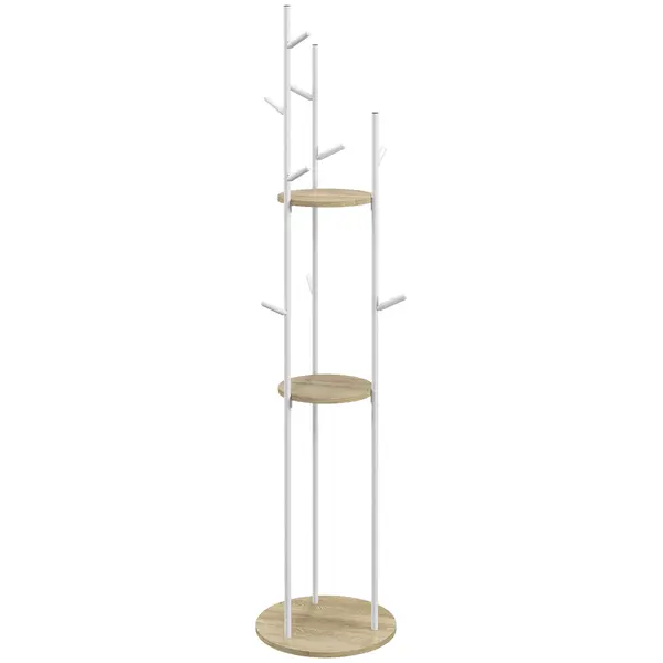 HOMCOM Suport de haine cu 9 agatatori si 2 rafturi rotunde Ø 40 x 167 cm natural si alb | Aosom Romania