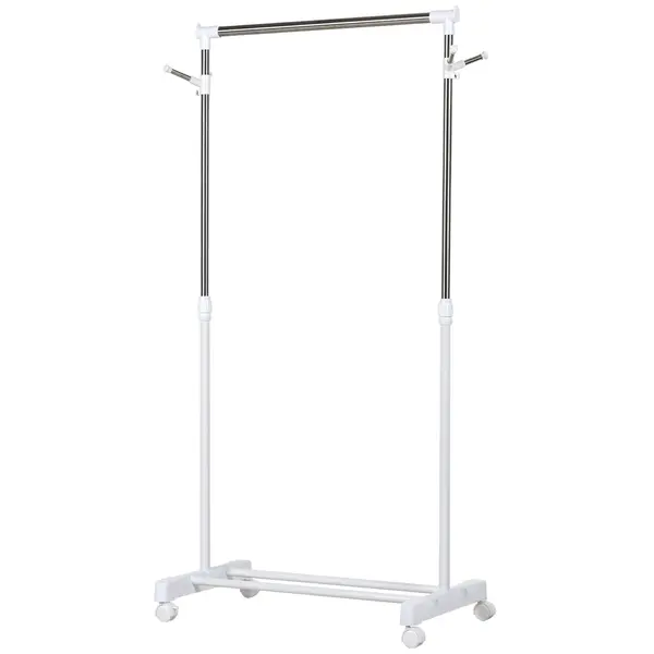 HOMCOM Suport de Haine din Oțel Inoxidabil, Reglabil pe Înălțime cu Bază de Depozitare și 4 Roți, 68,5x42x87-145 cm, Alb și Argintiu | Aosom Romania