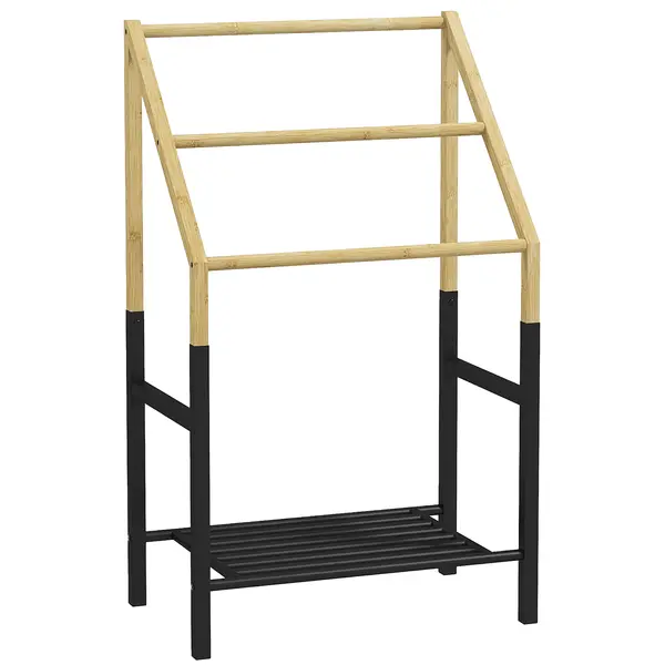 HOMCOM Suport de Podea pentru Prosoape cu 3 Bare și Raft Inferior pentru Obiecte, 51x31x85,5 cm, Negru | Aosom Romania