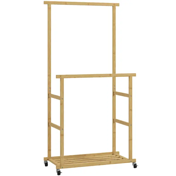 HOMCOM Suport pentru haine cu 2 bare, raft inferior și 4 roți din bambus, 80x40x160 cm, lemn natural | Aosom Romania