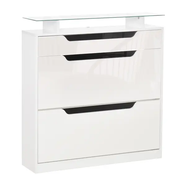 HOMCOM Suport pentru Pantofi cu 2 Sertare pentru 16 Perechi de Pantofi cu Etajeră Reglabilă și Raft din Sticlă, 89x23x96cm, Alb Lucios | Aosom Romania