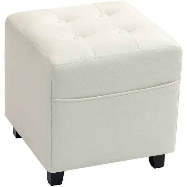 HOMCOM Suport pentru picioare pentru living, ottoman, scaun tapițat capitonat din material cu aspect de in cu buzunar lateral, 35 x 35 x 35 cm, cremă | Aosom Romania