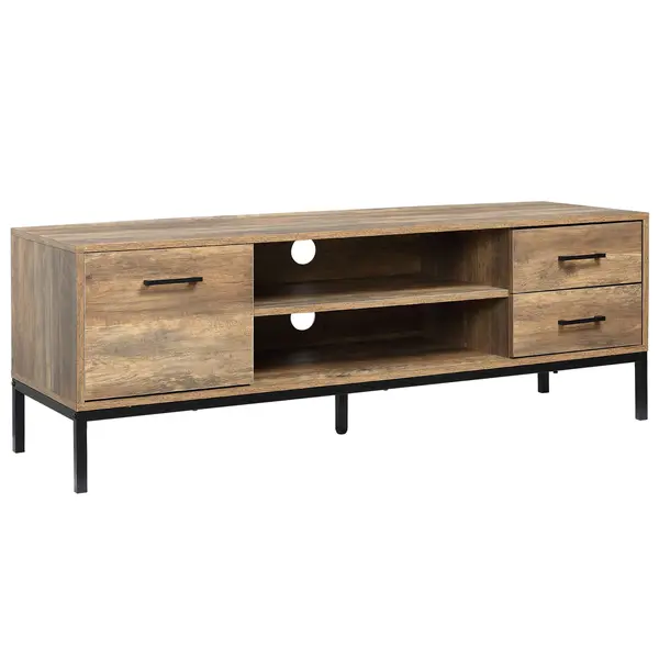 HOMCOM Suport TV cu Ușă, Sertar și Spațiu Depozitare pentru Ecrane până la 50", Picioare Oțel, 135x35x41.7 cm, Cafea | Aosom Romania
