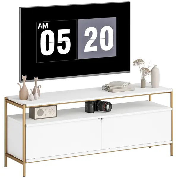 HOMCOM Suport TV meuble télé pentru televizor de până la 55 de inch cu 2 uși rabatabile și raft deschis, 124x35x50 cm, alb | Aosom Romania