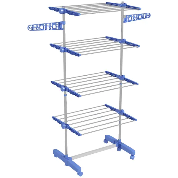 HOMCOM Suport Vertical de Uscare, Suport Pliabil de Uscare cu 6 Roți și 4 Rafturi Reglabile, 142x55x172 cm, Alb și Argintiu | Aosom Romania