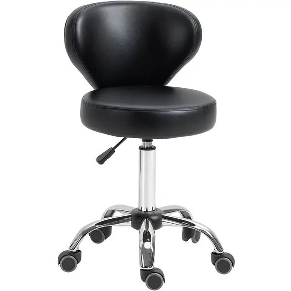 HOMCOM Taburet cu roți taburet de masaj - taburet de lucru pivotant la 360 ° - înălțime ajustabilă 49-64H cm, spătar ergonomic - metal cromat acoperit cu material sintetic negru | Aosom Romania