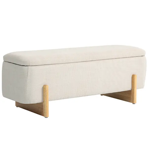 HOMCOM Taburet cu spațiu de depozitare, bancă cu tapițerie din spumă, imitație de in, 111 x 44 x 44,5 cm, crem | Aosom Romania