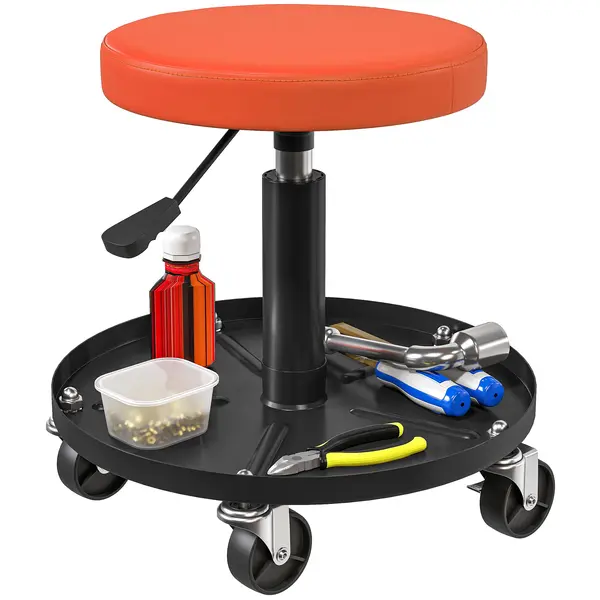 HOMCOM Taburet de atelier cu 5 roți pivotante 360°, înălțime reglabilă 38-50 cm, cu tavă, 38 x 38 x 38-50 cm, portocaliu | Aosom Romania