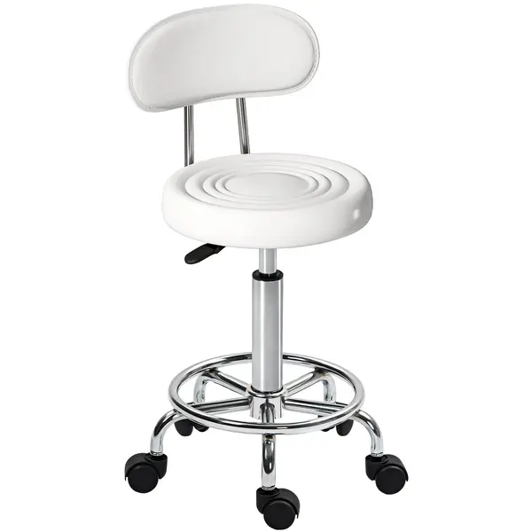 HOMCOM Taburet rotativ cu spătar și roți Scaun reglabil pentru salon de înfrumusețare Studiou tatuaje 32x40x70-86cm Alb | Aosom Romania