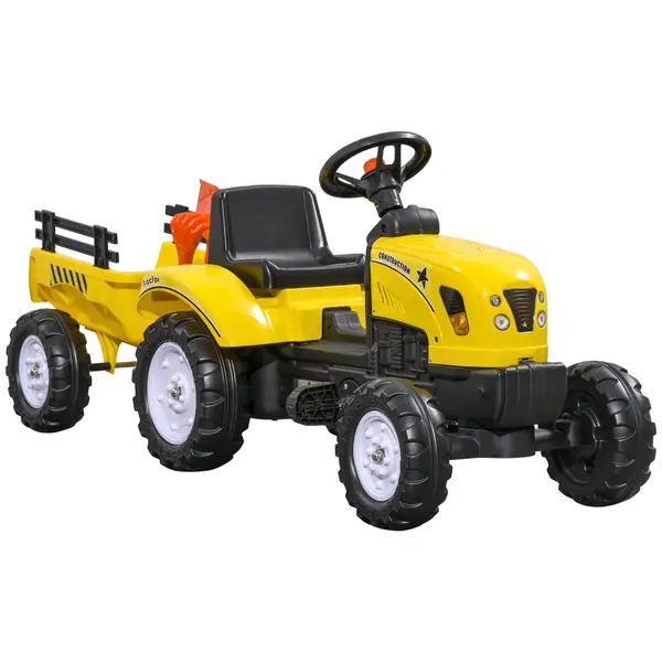 HOMCOM Tractor de Pedalat pentru Copii de 3+ Ani cu Remorcă, Greblă, Lopată și Claxon, 133x42x51 cm, Galben | Aosom Romania