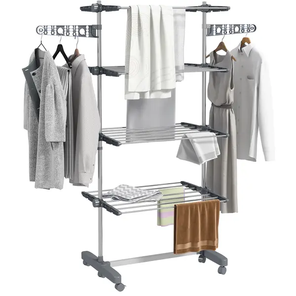 HOMCOM Uscător de Rufe Pliabil, Uscător Vertical cu 6 Roți, Cârlige și 4 Rafturi Reglabile, 142x55x172 cm, Argintiu | Aosom Romania