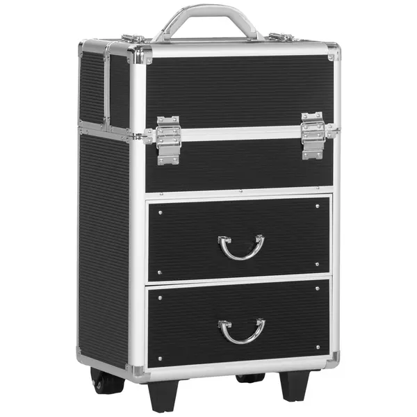 HOMCOM Valiză Profesională pentru Machiaj, Aluminiu și Oțel Armat, cu Încuietoare și Roti, Negru 36x23x58cm | Aosom Romania