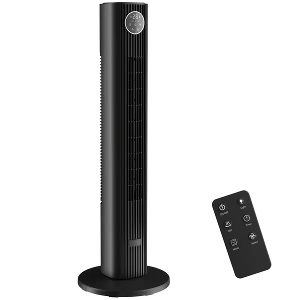 HOMCOM Ventilator coloană silențios 28 dB, viteză 8 m/s, ventilator tip turn dormitor, 12 viteze, 4 moduri, timer 12H, negru | Aosom Romania