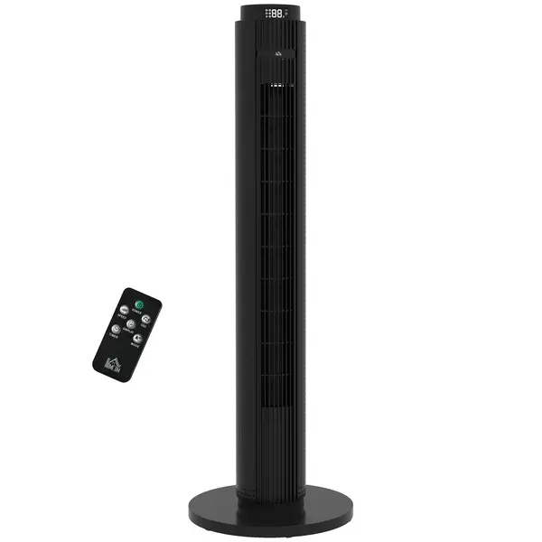 HOMCOM Ventilator de Turn cu Telecomandă, 3 Viteze, Mod Repaus, Temporizator 12 ore, Negru | Aosom Romania