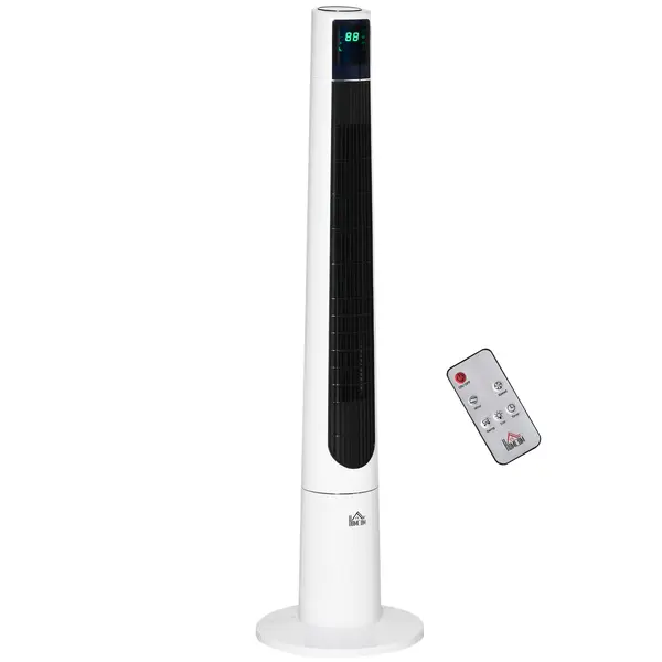 HOMCOM Ventilator Turn cu 3 Moduri și 3 Viteze cu Cronometru 12h, Ventilator de Podea ABS cu Telecomandă, Ø32x118.2 cm, Alb | Aosom Romania