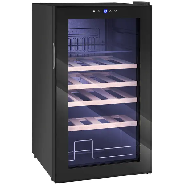 HOMCOM Vitrină Frigorifică pentru Vinuri de 63L cu Rafturi Reglabile pentru 16 Sticle și 25 Doze, Vitrină pentru Vinuri din Oțel, Lemn și Sticlă Temperată, 43x45x74 cm, Negru | Aosom Romania