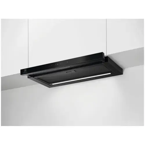 Hota incorporabila telescopica Electrolux LFP816K, 60 cm, 1 motor, 3 viteze+intensiv, Panel frontal de sticla, Control electronic, Conectivitate plita, Functie Breeze, Perfect Illumination, 2 filtre de aluminiu lavabile, 650 mc/h (Negru)