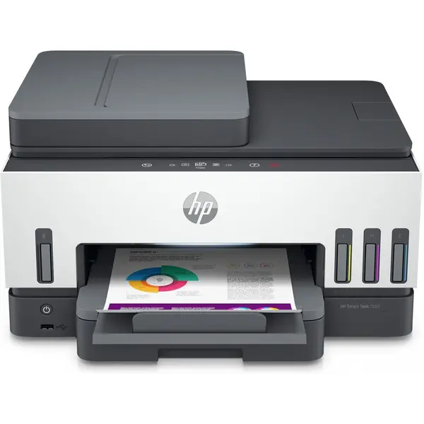 HP Imprimanta multifunctionala inkjet color HP Smart Tank 7605, A4, duplex, ADF, USB 2.0, Wi-Fi, 15 ppm negru, 9 ppm color, Alb-Gri