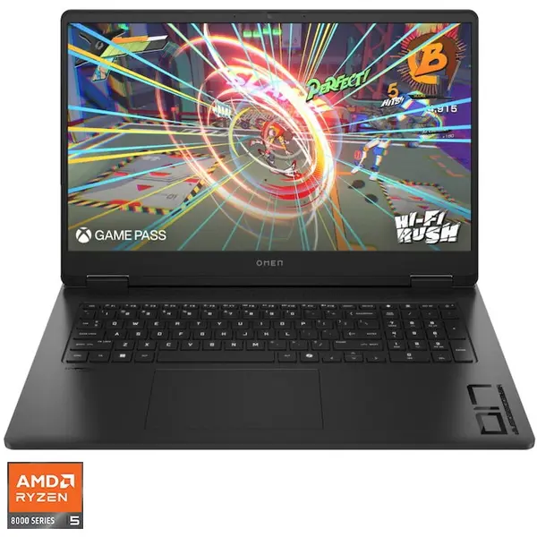 HP Laptop Gaming HP OMEN 17-db0006nq, Procesor AMD Ryzen™ 5 8645HS, Display 17.3'' Full HD (1920 x 1080), IPS, 144Hz, Memorie RAM 16GB DDR5, Capacitate 1TB SSD, Placa video dedicata NVIDIA® GeForce RTX™ 4050 6GB GDDR6, Free DOS, Black (INT Keyboard)