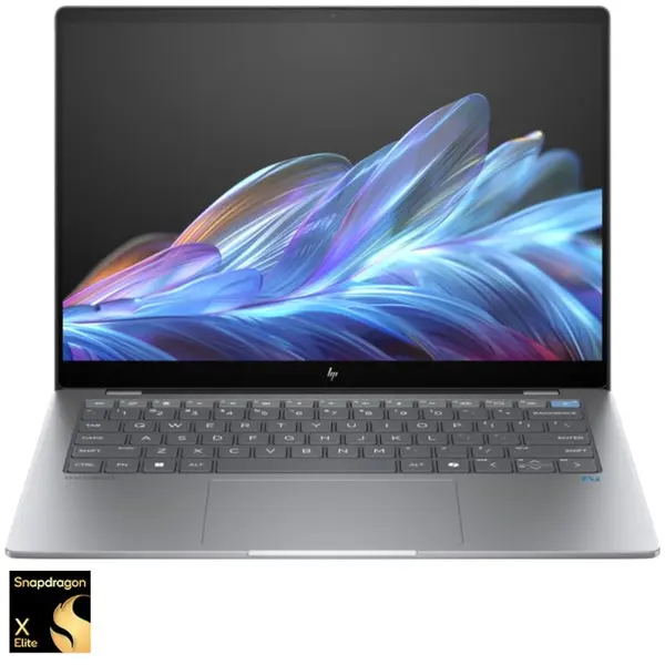 HP Laptop HP OmniBook X 14-fe0001nn, Procesor Qualcomm® Snapdragon® X Elite X1E-78-100, Display 14'' 2.2K (2240 x 1400), IPS, Touch, Memorie RAM 16GB LPDDR5x, Capacitate 512GB SSD, Placa video integrata Qualcomm® Adreno™, Windows 11 Home, Silver (INT Ke