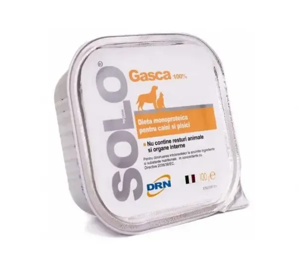 Hrana dietetica monoproteica pentru caini pisici Solo cu gasca 100 gr