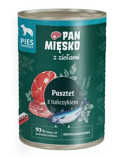 Hrană umedă câini adulți PAN MIĘSKO pate ton 400g hipoalergenică cu ierburi
