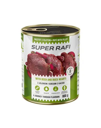 Hrană umedă câini pate RAFI Super 800 g cerb și inimi de rață
