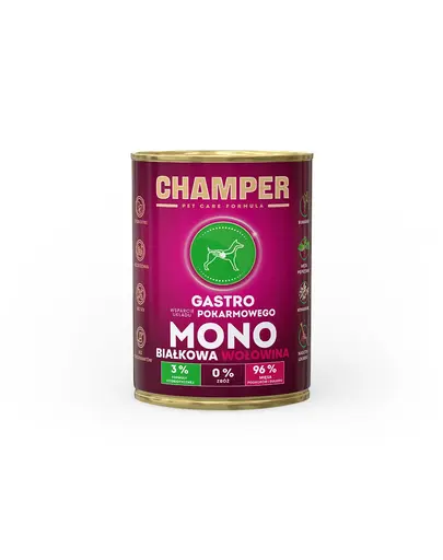 Hrana umeda monoproteica CHAMPER Gastro pentru caini 400 g cu vita