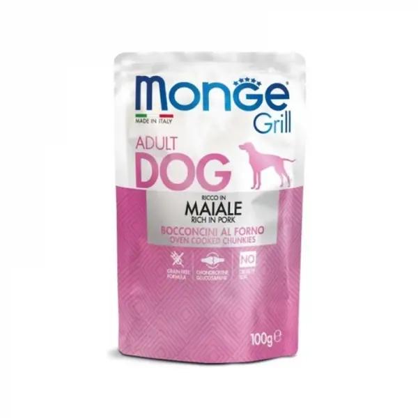 Hrana umeda pentru caini Monge Grill Chunkies Adult cu porc 100 gr