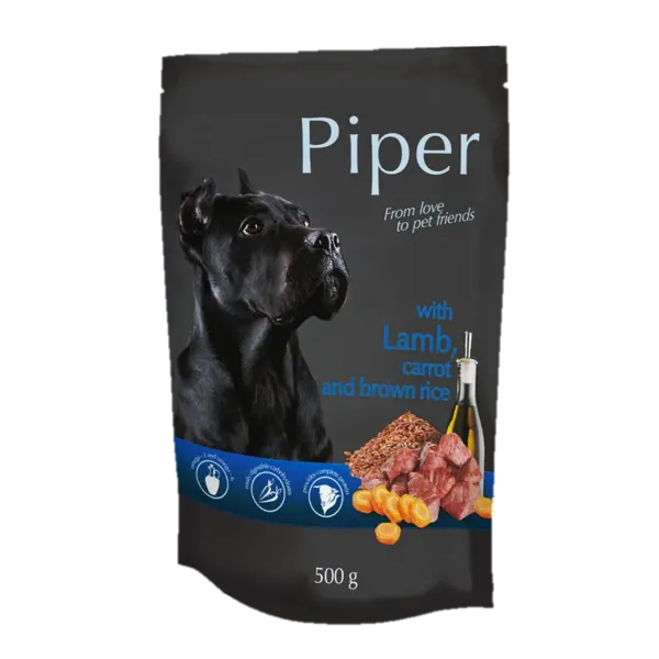 Hrana umeda pentru caini Piper Adult, Miel, Morcovi si Orez brun, 500 g