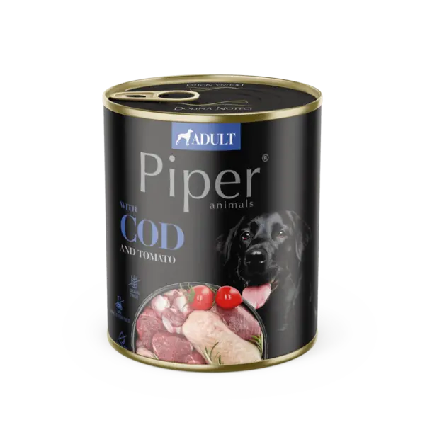 Hrana umeda pentru caini PIPER DOG, cod si tomate, 800g