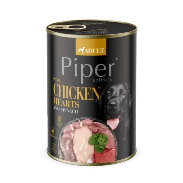 Hrana umeda pentru caini PIPER DOG, inimi de pui si spanac. 400g