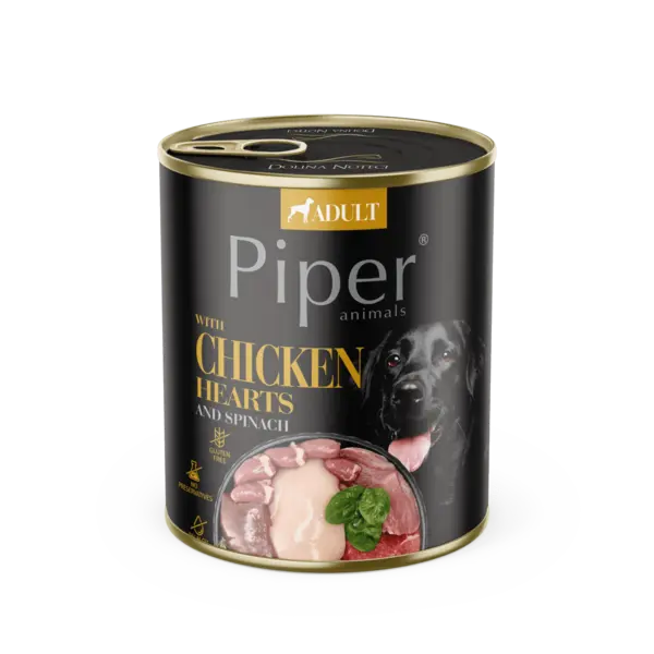 Hrana umeda pentru caini PIPER DOG, inimi de pui si spanac. 800g