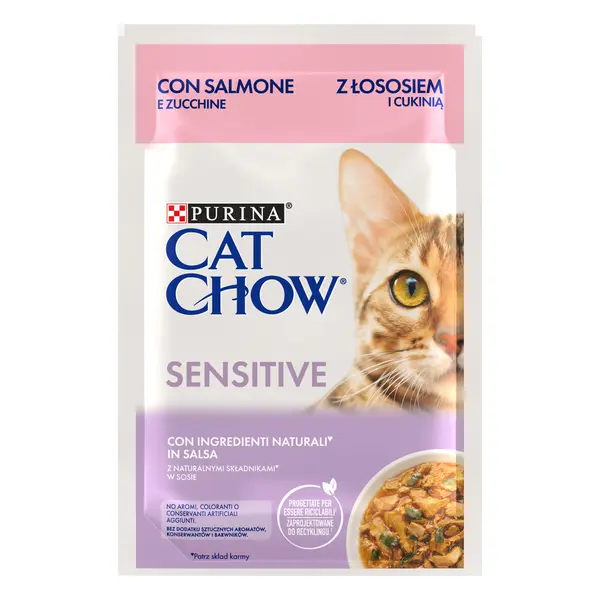 Hrana umeda pentru pisici Cat Chow Sensitive Somon Si Dovlecei, 85 g 85g