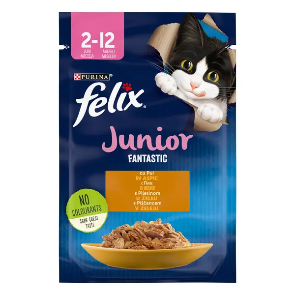 Hrana umeda pentru pisici Felix Fantastic Junior Pui in Aspic, 85g 85g